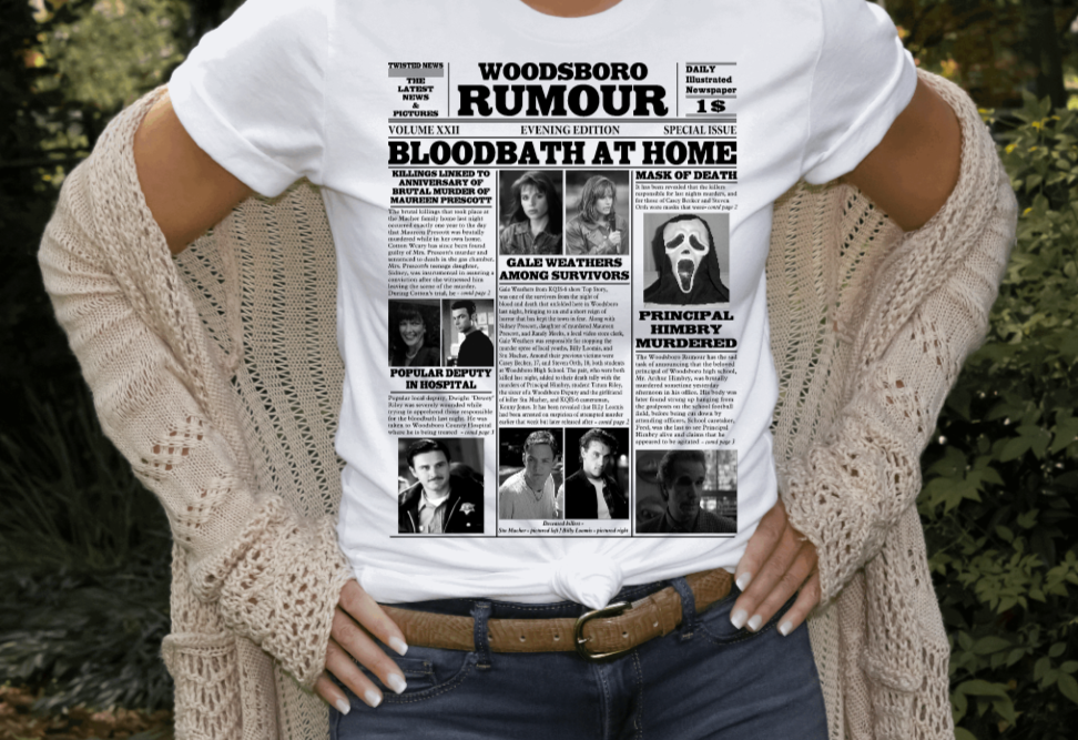 Woodsboro Rumour Newspaper Article , Ghostface - Sublimation Bella + Canvas Unisex T-Shirt